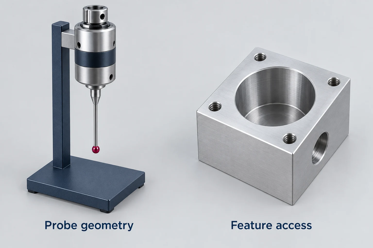 A coordinate-measuring probe and stylus displayed beside a component with a bore.