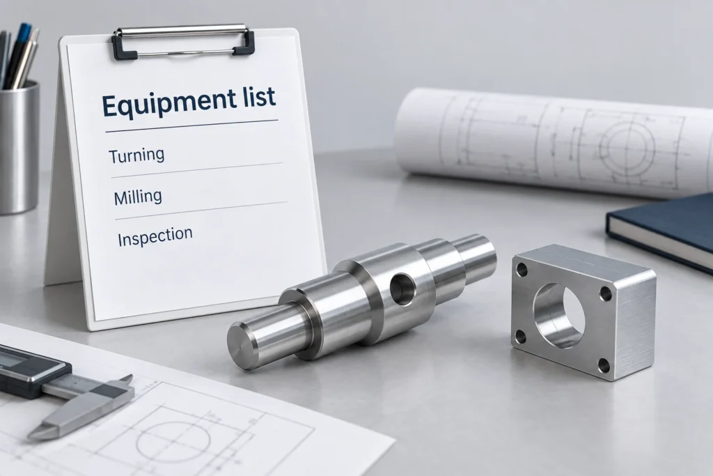 A generic equipment list beside cylindrical and bored machined components.