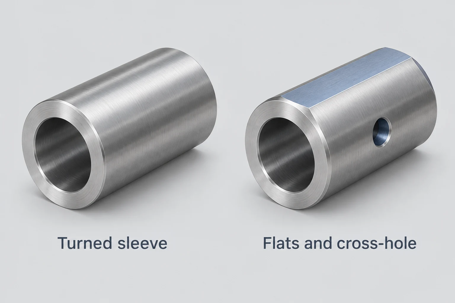 Matching coupling sleeves showing turned surfaces and added wrench flats and a radial cross-hole.