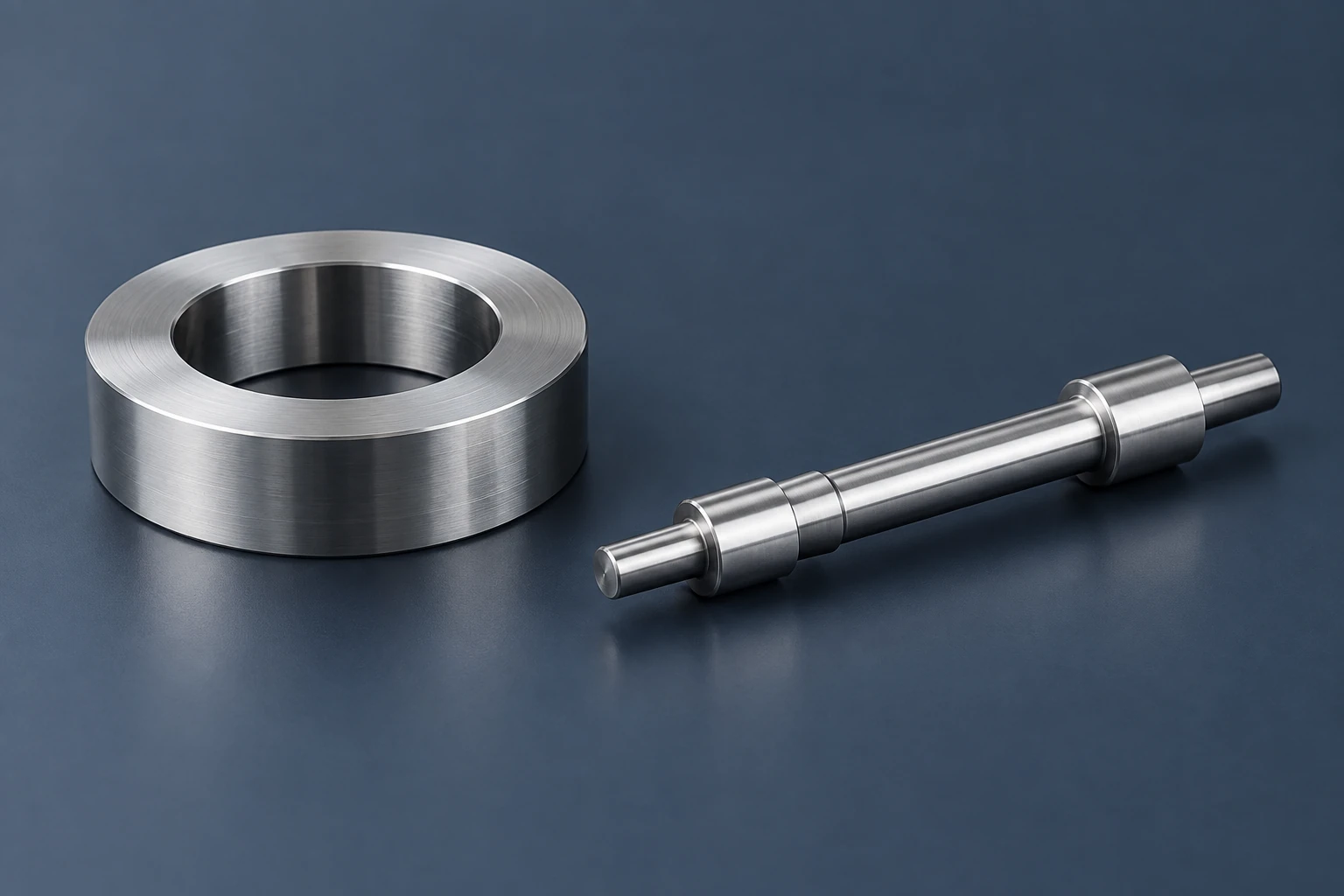 A broad machined ring beside a long stepped shaft.