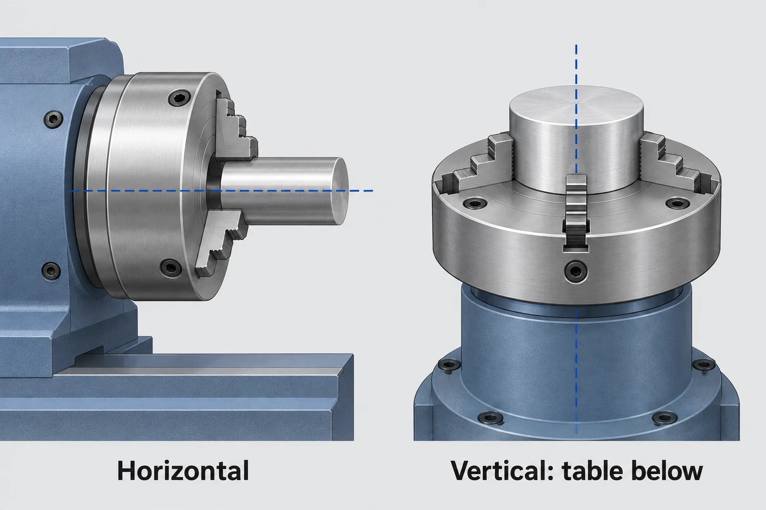 Horizontal chuck holding a projecting cylinder beside an upward-facing vertical chuck holding a short cylinder, with their centerlines shown.