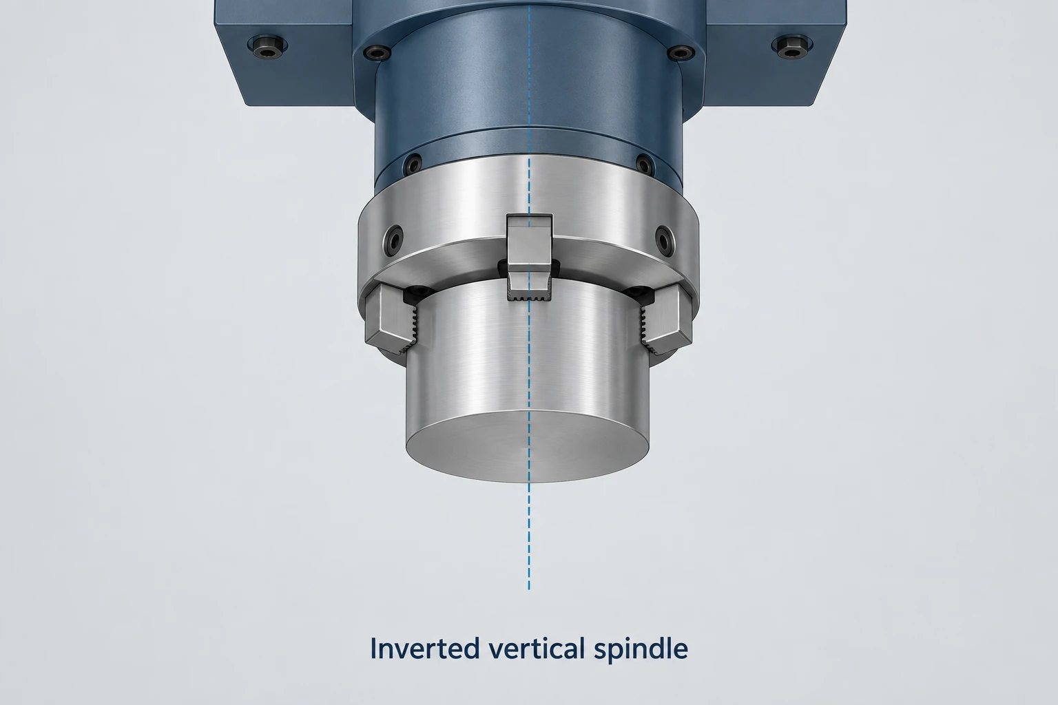 Overhead vertical spindle with a downward-facing chuck gripping a short cylinder below it.