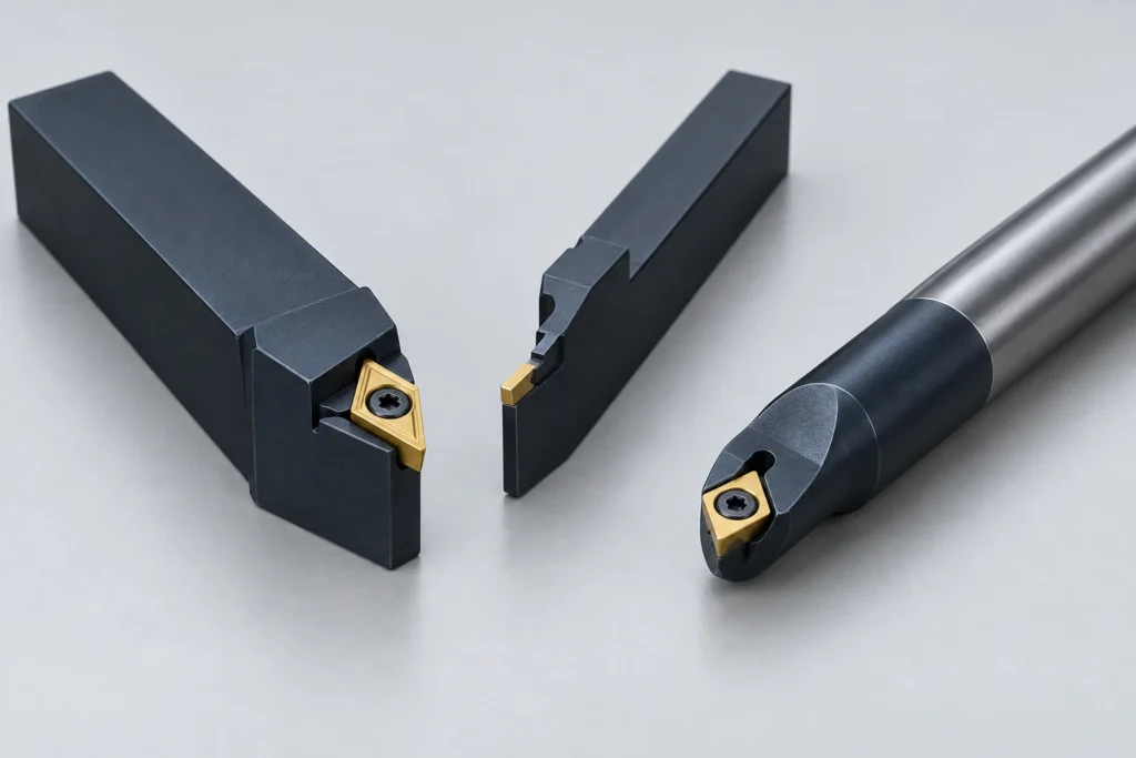 External turning holder, narrow grooving tool and boring bar with their cutting inserts.