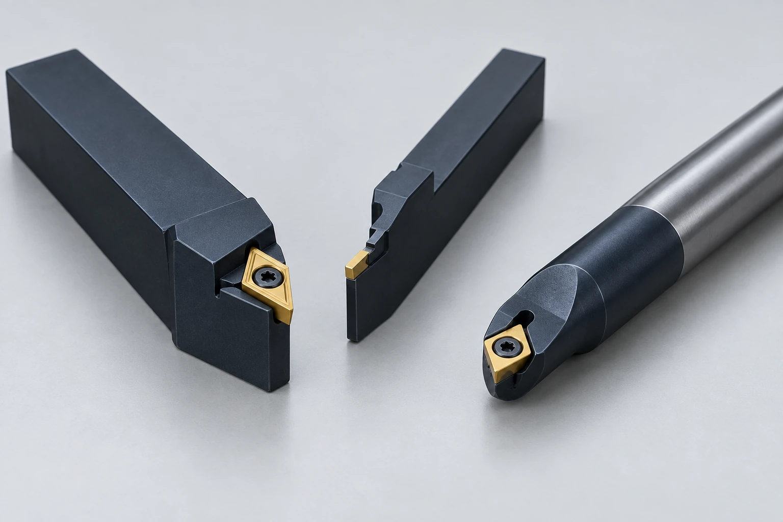 External turning holder, narrow grooving tool and boring bar with their cutting inserts.