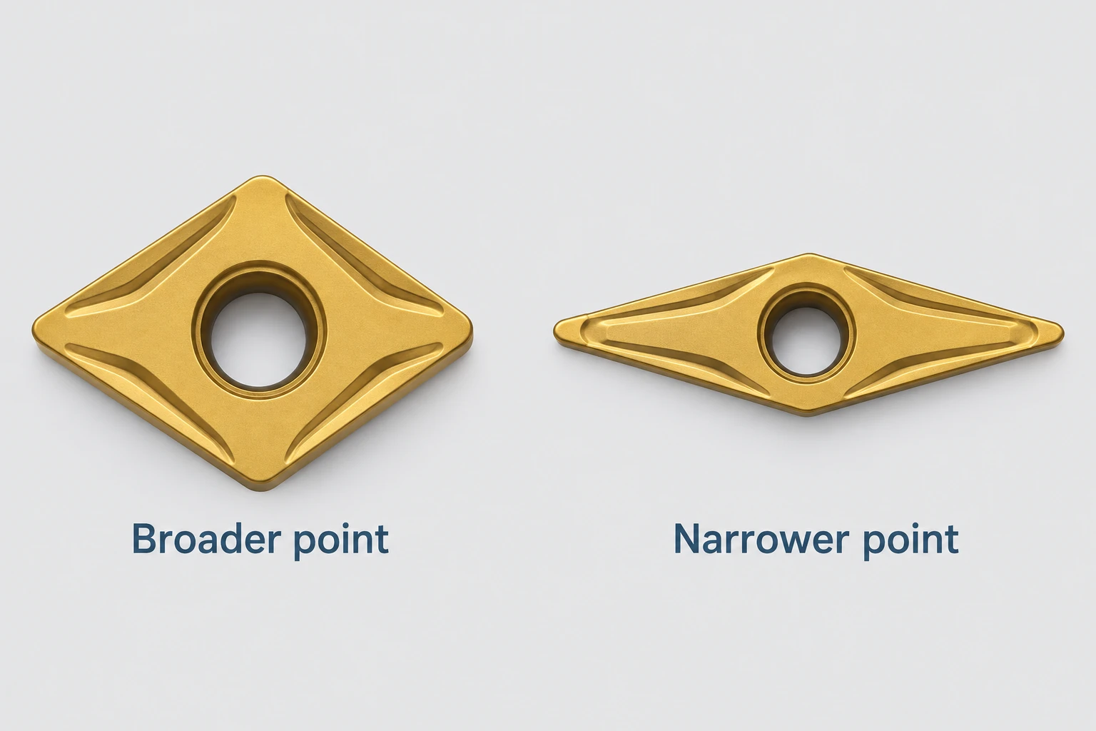 Broad and narrow rhombic turning inserts viewed from above.