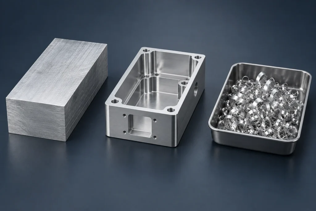 Aluminum stock, a machined housing and a separate tray of curled metal chips.