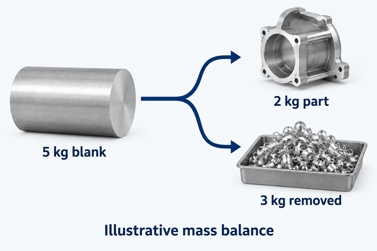 Esimerkkinen virtaus 5 kg:n raakapalasta 2 kg:n valmiiseen osaan ja poistetun materiaalin m&auml;&auml;r&auml; 3 kg.