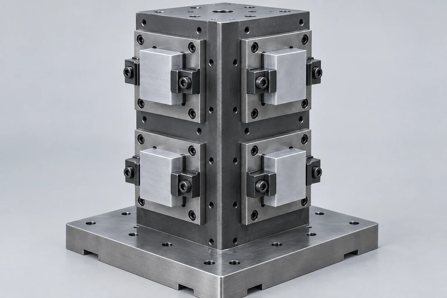 An upright tombstone fixture with two visible faces carrying mounted metal workpieces.
