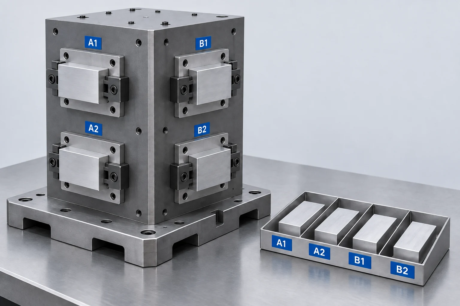 Four visible tombstone stations labeled A1, A2, B1 and B2 beside a tray with matching separate positions.