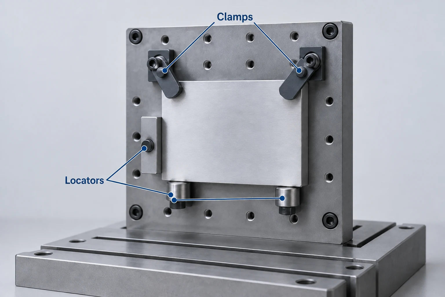 A plate-shaped workpiece on a fixture face with separate locating contacts and retaining clamps.