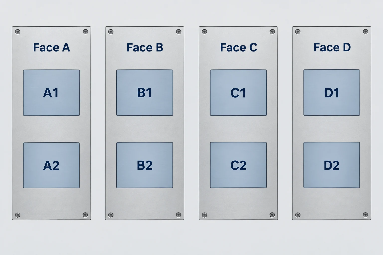 Four unfolded tombstone faces labeled A through D, each with two numbered part positions.