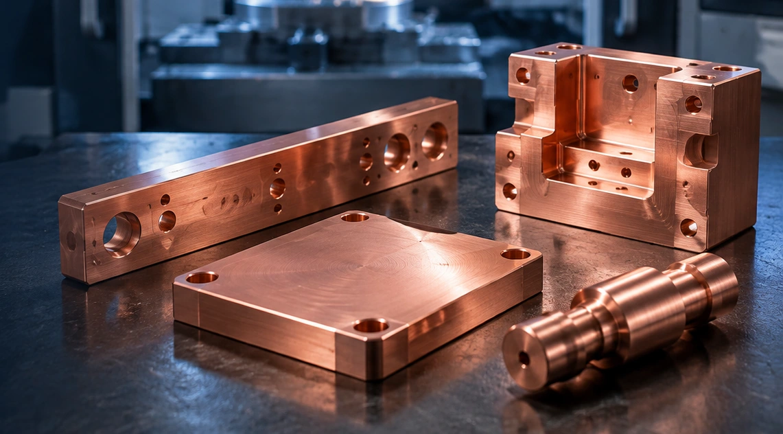 Illustrative machined copper bar, plate, block and turned component — AI-generated illustration, not a vetcnc photograph