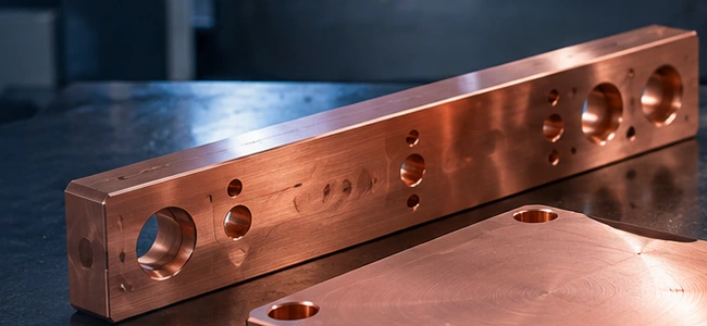 Copper busbars and terminal plates — AI-generated illustration, not a vetcnc photograph