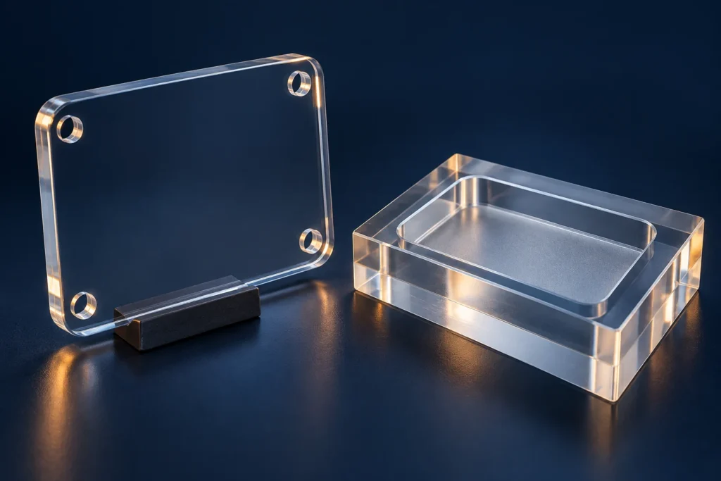 Clear machined inspection cover with mounting holes beside a transparent pocketed block