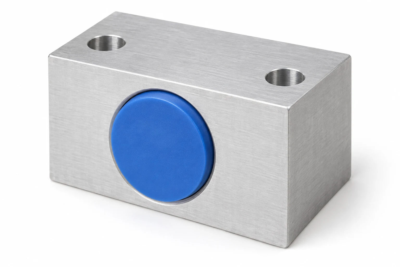 Bloque de montaje de aluminio sin recubrimiento con un tapón protector azul insertado en su orificio grande
