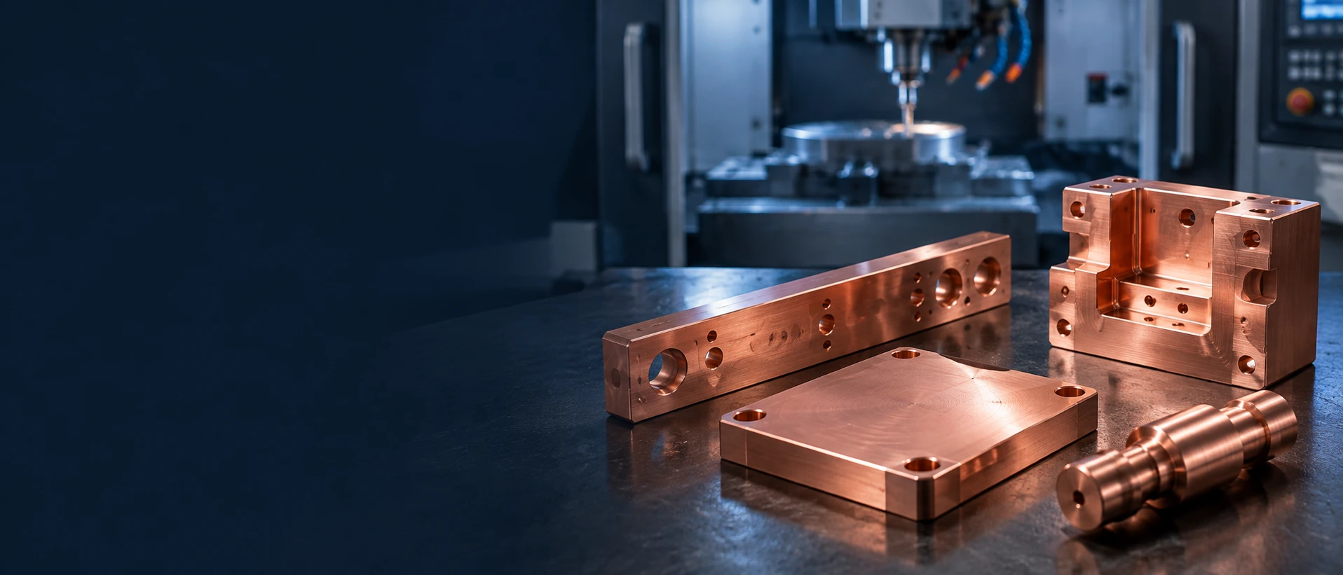 Copper components on a machining workbench — AI-generated illustration, not a vetcnc photograph