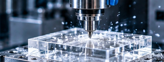 Acrylic machining scene — AI illustration, not a vetcnc photograph or a verified PMMA sample