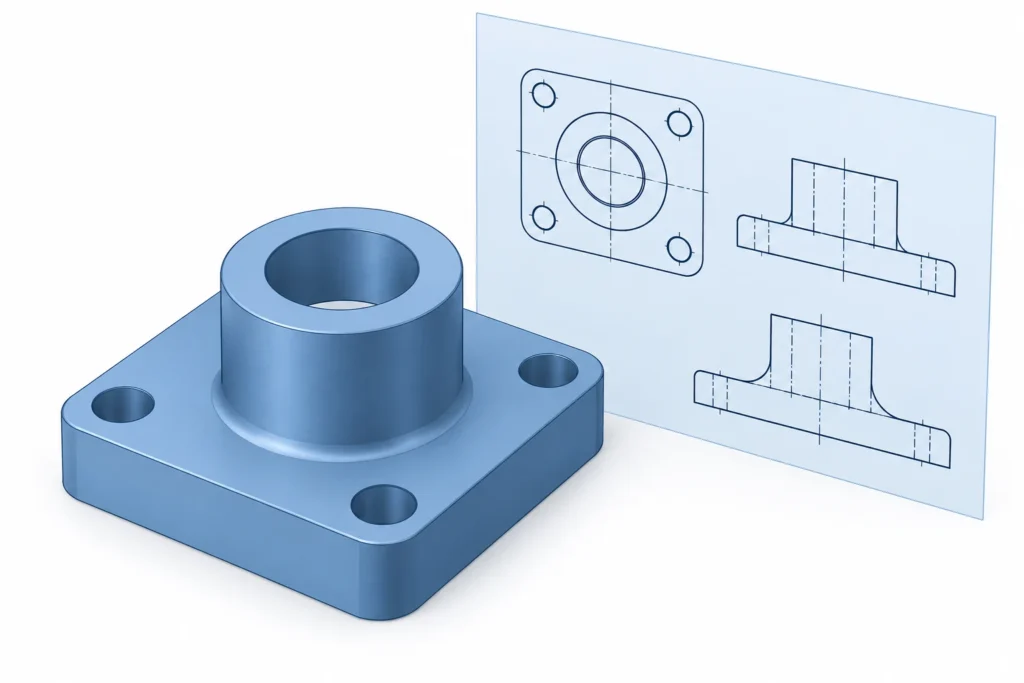 Blue CAD model of a mounting flange beside orthographic line views
