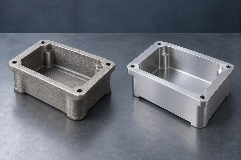 Cast-textured and machined open metal housings on a work surface