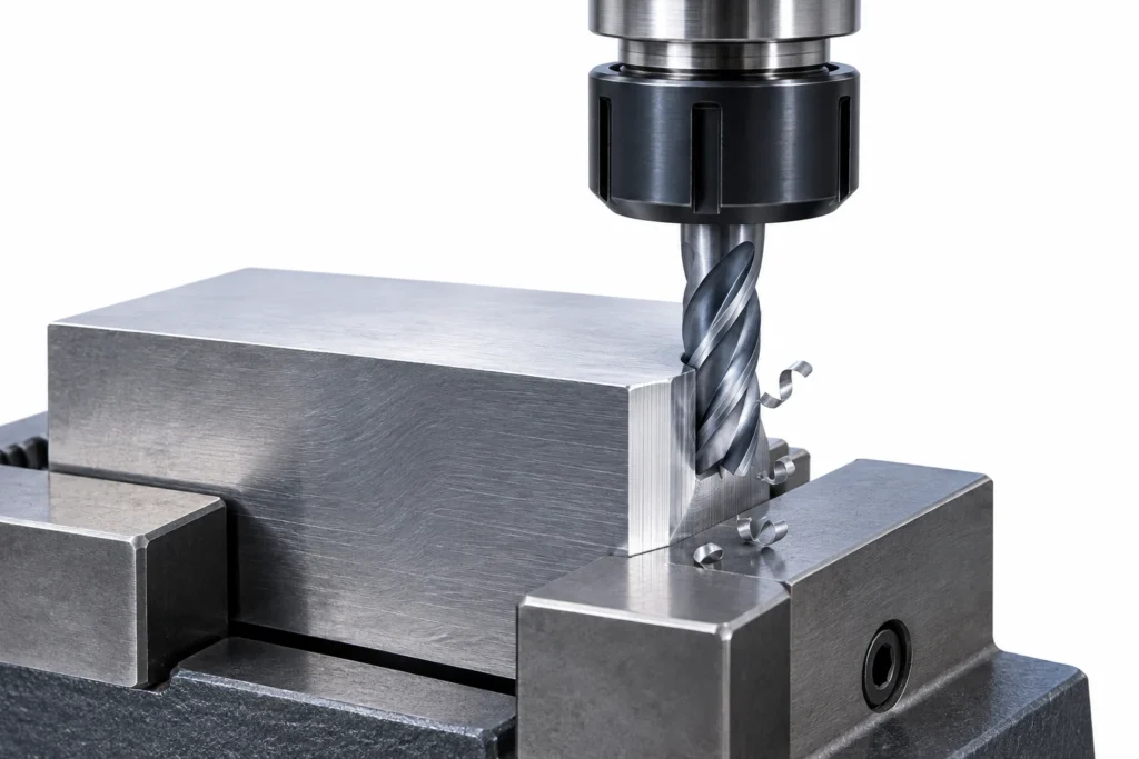 End mill cutting the side of a metal block held in a vise