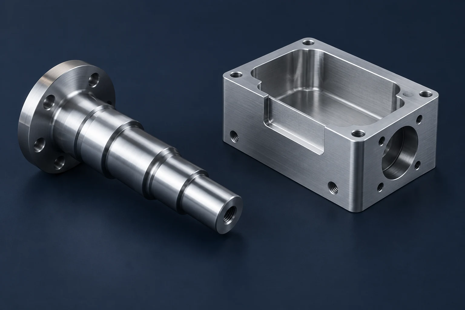 A stepped flanged shaft beside a pocketed rectangular housing