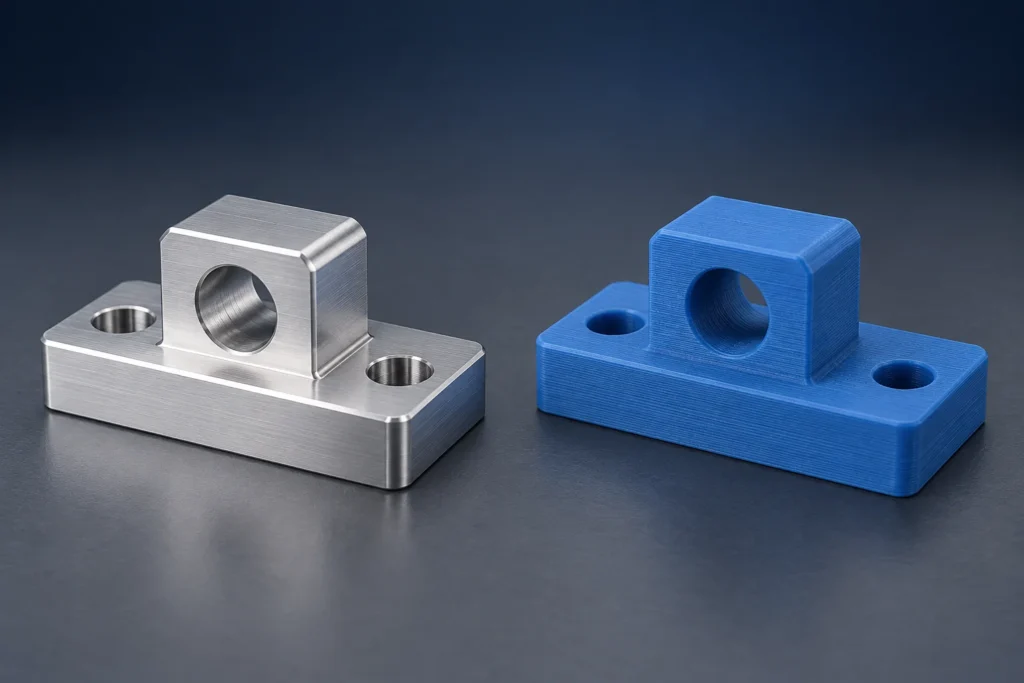 Two sensor mounting blocks with the same shape, one metallic and one blue with visible printed layers