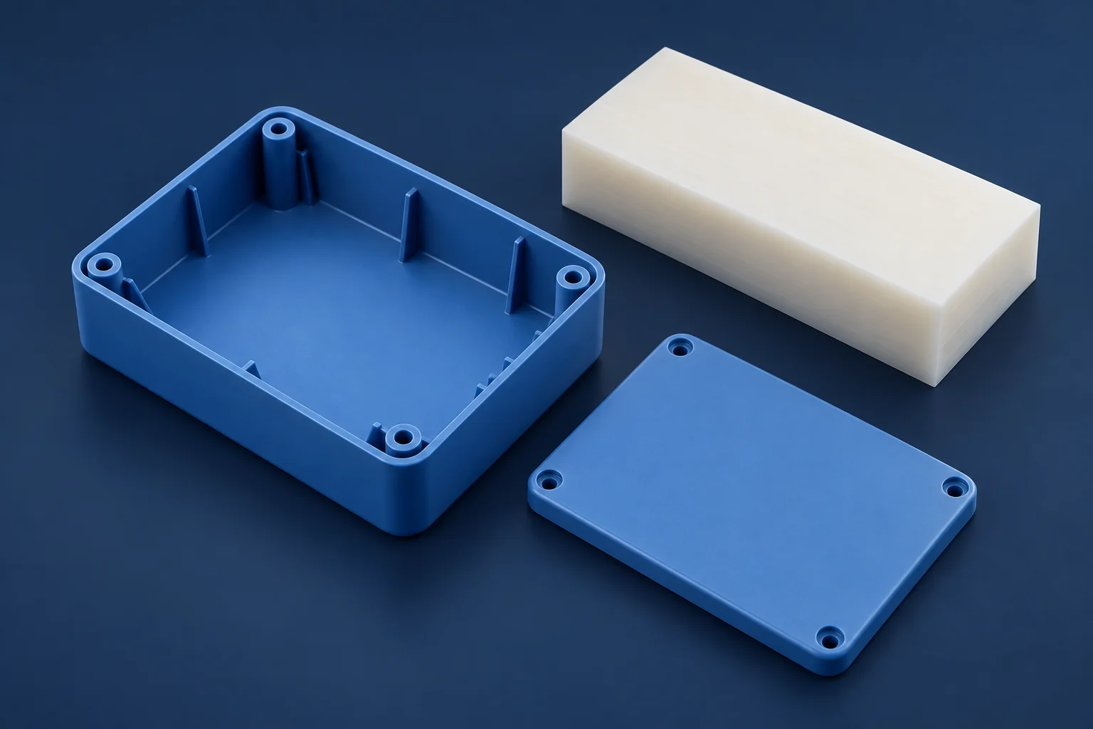 Blauwe plastic behuizing met een afzonderlijk deksel naast een rechthoekig plastic grondmateriaalblok