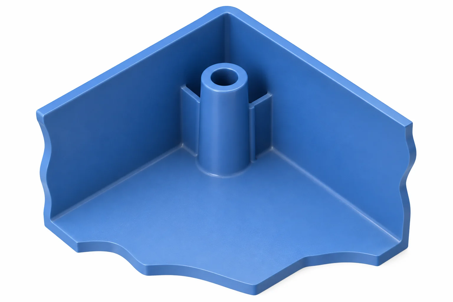 Doorsnede van een hoek van een plastic behuizing met een holle schroefbus die via dunne ribben met de wand is verbonden