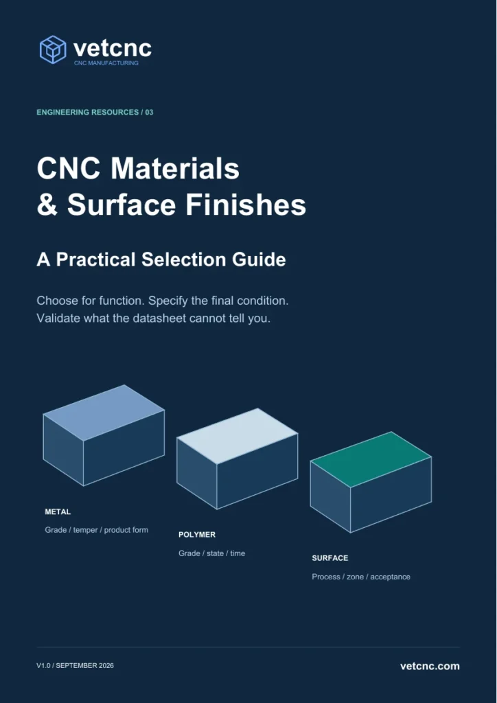 Cover of CNC Materials & Surface Finishes: A Practical Selection Guide by VETCNC