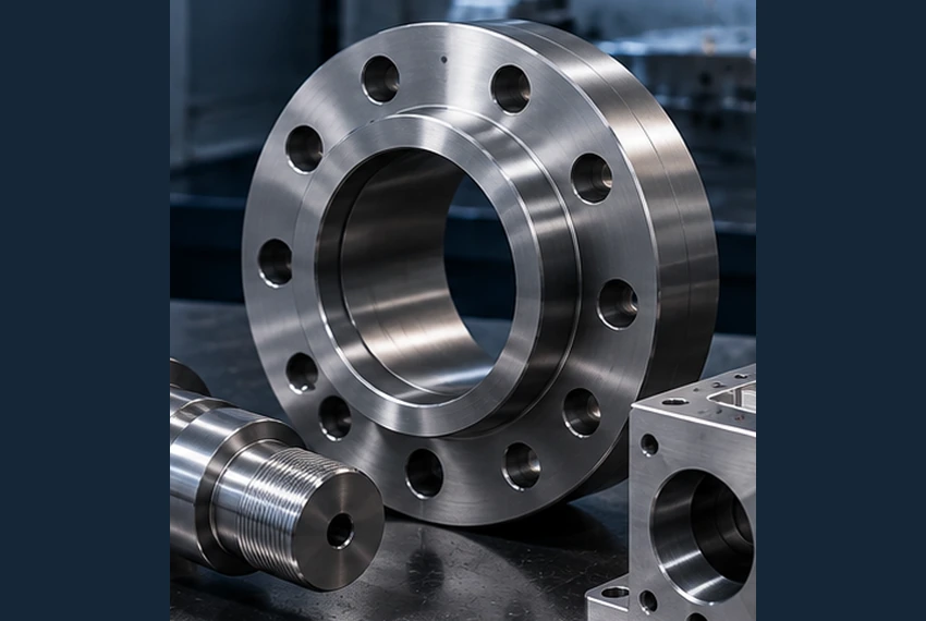 Illustrative machined flange with a bore and bolt circle — AI-generated illustration, not a vetcnc photograph
