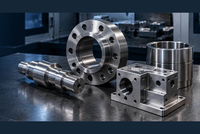 Illustrative machined rings, shafts, sleeves and housings — AI-generated illustration, not a vetcnc photograph