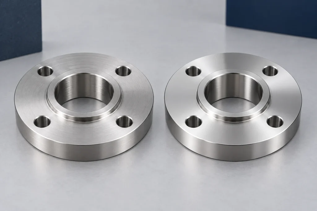 Two matching machined stainless steel flanges with different surface reflections on a neutral background.