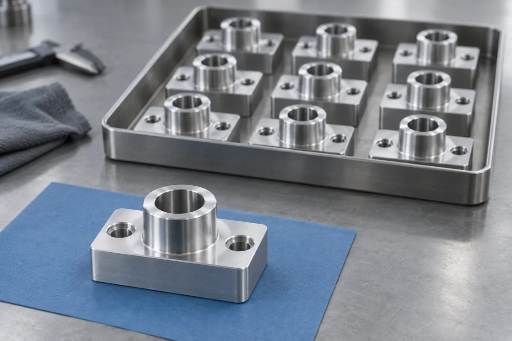 A single machined mounting block in front of a tray of matching parts prepared for a pilot batch.