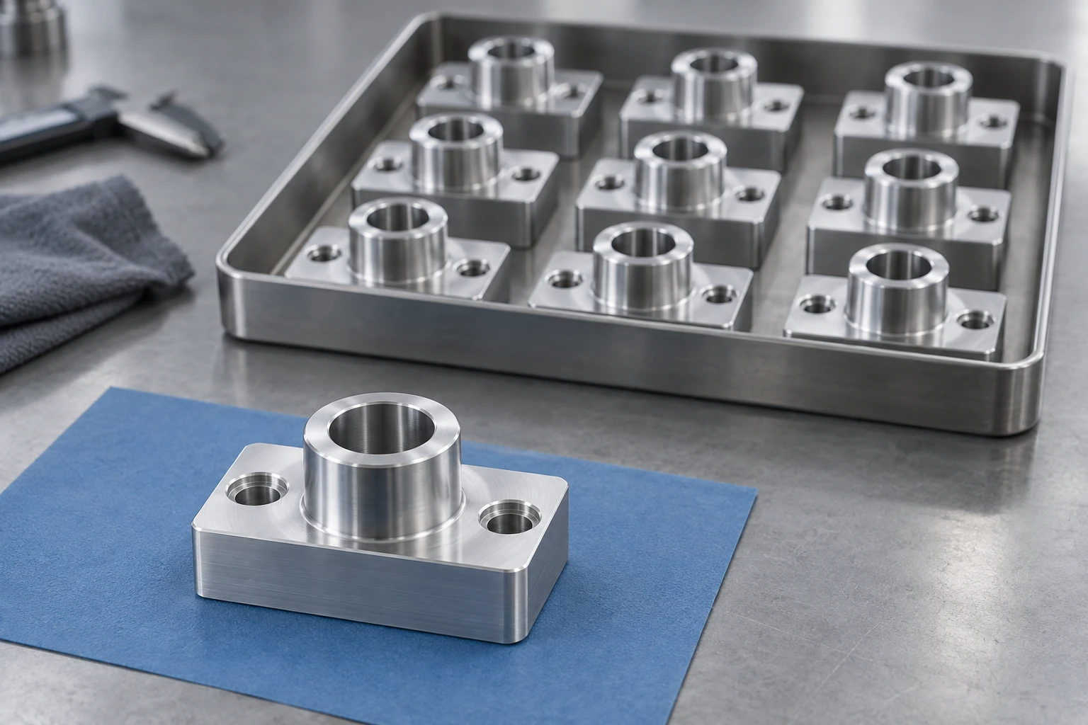 A single machined mounting block in front of a tray of matching parts prepared for a pilot batch.