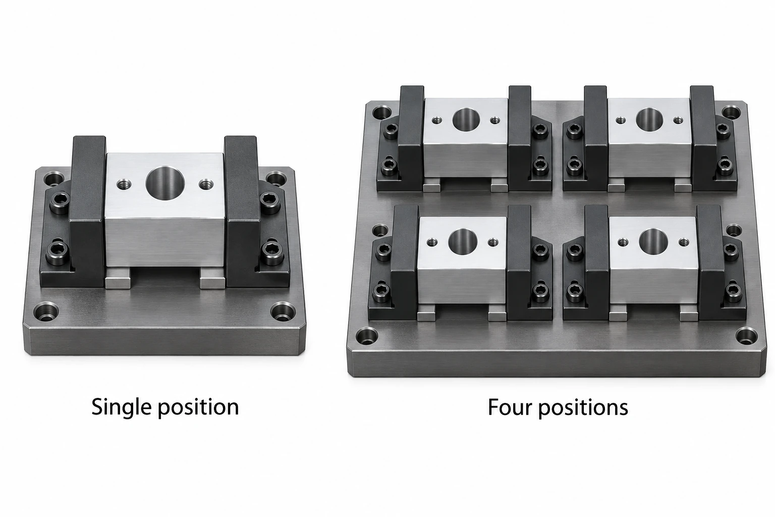 One machined block in a single fixture is compared with four blocks held in separate positions on a fixture plate.