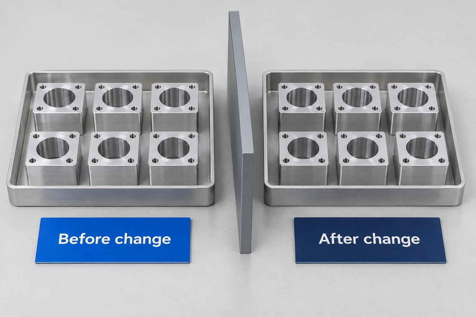 Two trays of matching blocks are separated by a divider and labeled Before change and After change.