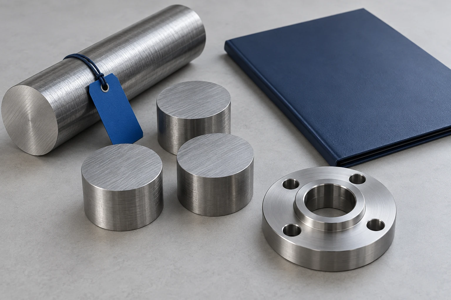 A tagged metal bar, cut blanks and a machined flange arranged beside a closed document folder.