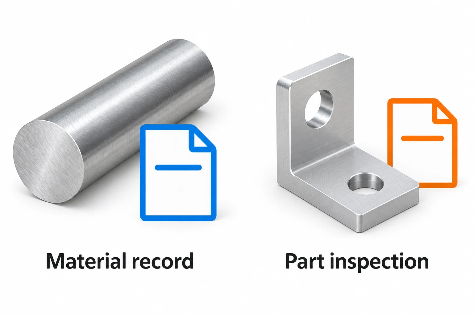A metal bar and a machined bracket are paired with separate material and part-inspection record icons.