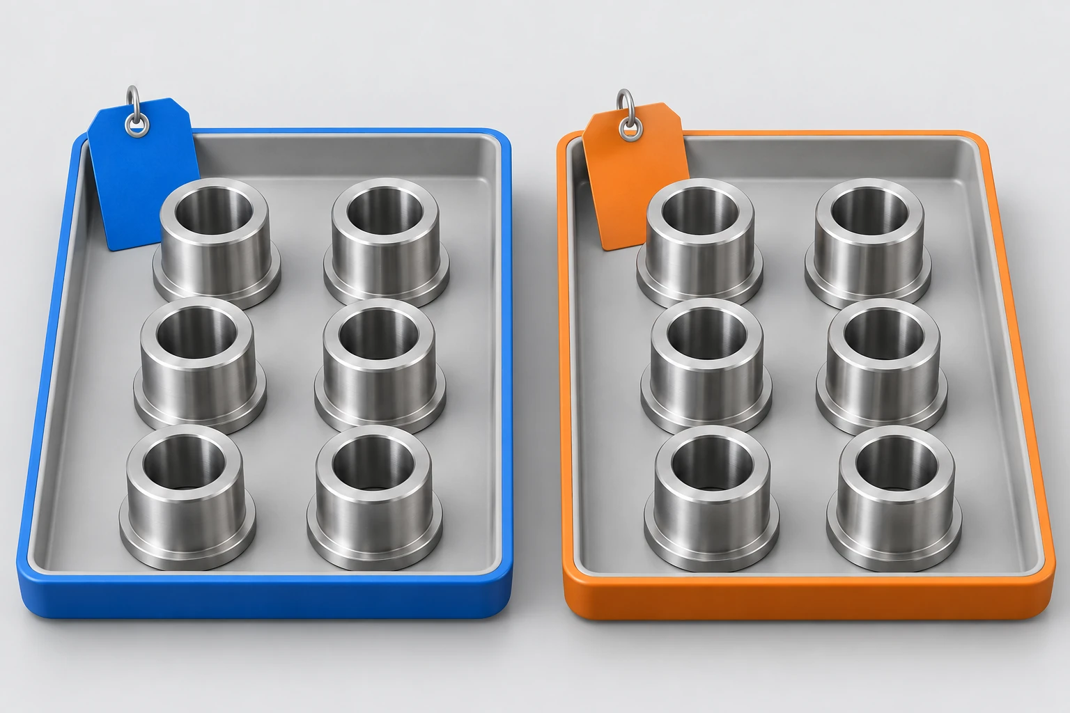 Two separate trays of identical machined parts retain different blue and orange identity tags.