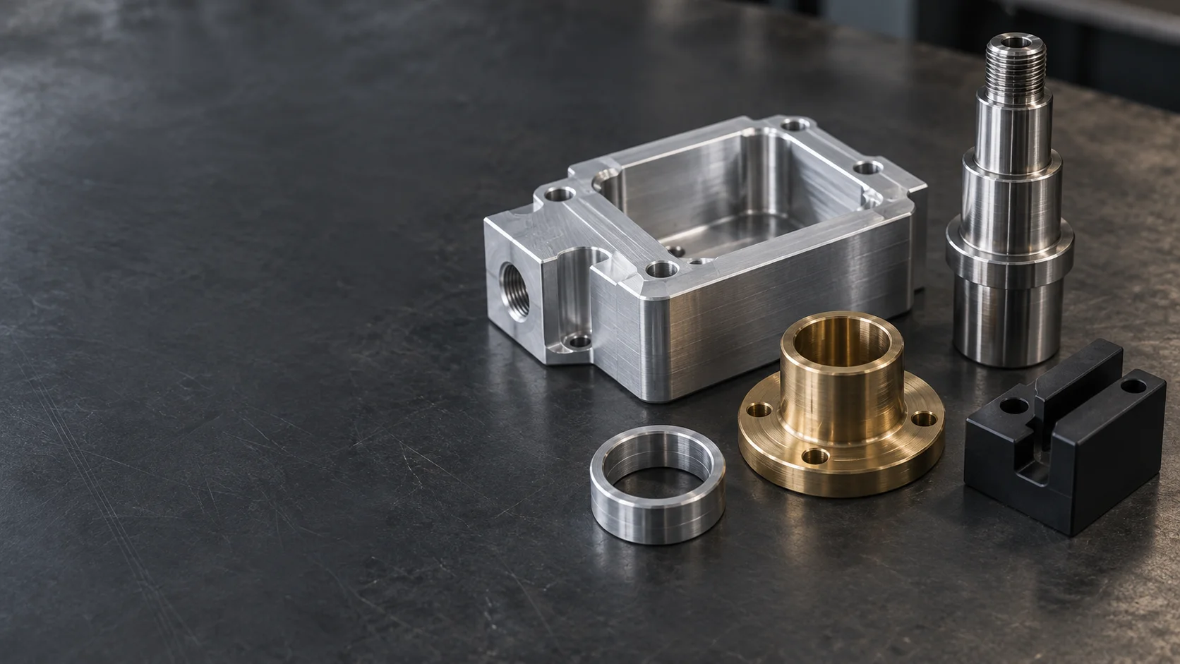 CNC-machined aluminum housing, turned shaft, brass bushing and polymer component