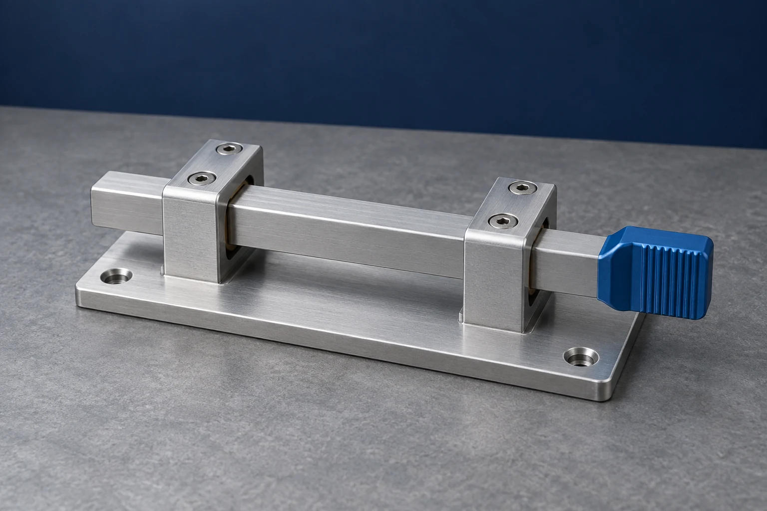 An open metal sliding-bolt subassembly with two guide blocks and a blue end grip