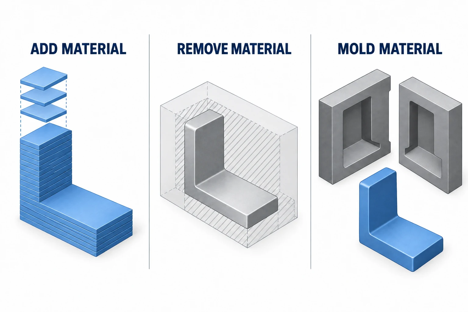 Three separate routes form a bracket by adding layers, removing stock or using a mold
