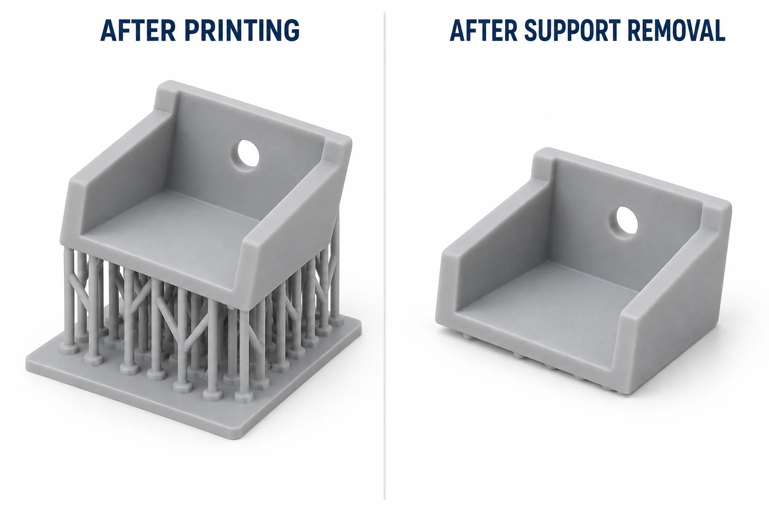 The same resin bracket is shown on printing supports and after the supports have been removed